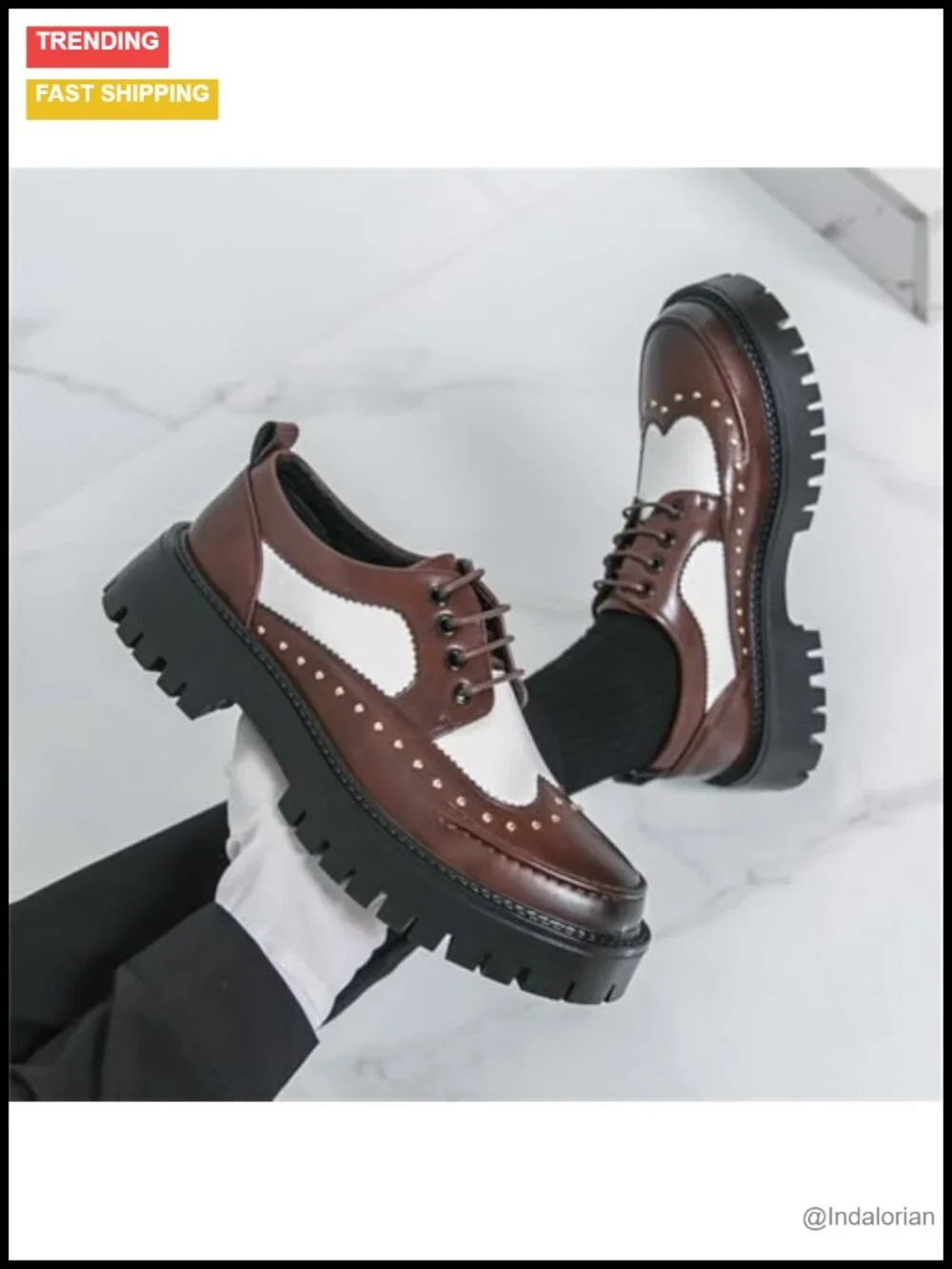 Men's Patent Leather Wingtip Oxfords Platform Chunky Heel Lace Up Round Toe